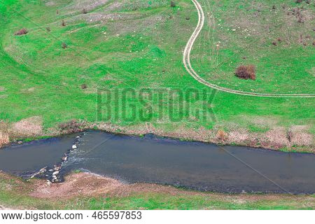River And Green Riverside . Landscape With River And Green Shore , Nature View From Above