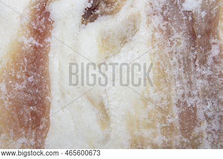 Ukrainian Lard With Salt And Garlic.homemade Lard In Salt, Top View.a Piece Of Frozen Bacon.the Text