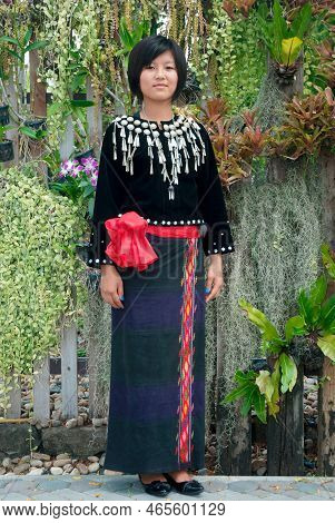 Bangkok, Thailand - January 5, 2010 : An Unidentified  Kachin Or Jingpo Female In Traditional Black 