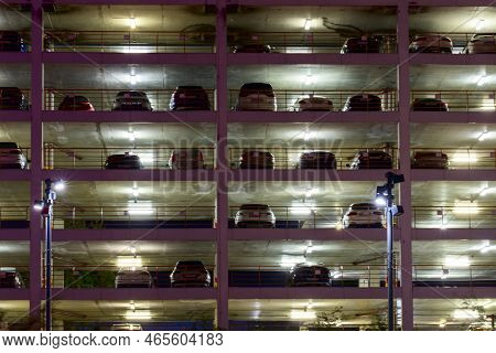 Moscow August 20 2022, Multi-level Parking In Moscow At Night, Multi-level Outdoor Parking At Night 
