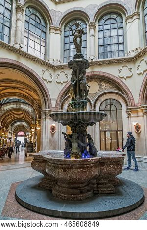 Vienna, Austria - May 16, 2019: This Is The Mermaid Fountain In The Courtyard Of The Palais Ferstel.