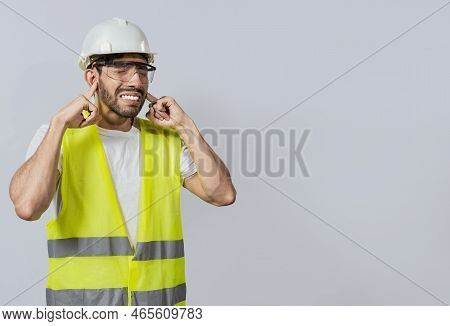 Engineer With Ear Pain Isolated, Young Engineer Covering His Ears Isolated, Builder Man With Ear Pai