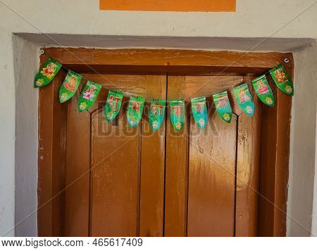 Gulbarga, India-october 25th 2022; Stock Photo Of Artificial Mango Leaf Toran, Garland Or Hanging Do