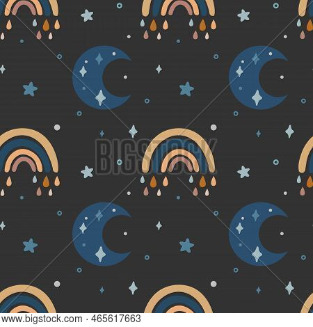 Seamless Vector Pattern With Moon And Rainbow. Trendy Baby Texture For Fabric, Wallpaper, Apparel, W