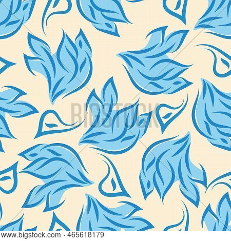 Loose Swirling Leaf Seamless Vector Pattern Background. Blue Off White Botanical Foliage Hand Drawn 