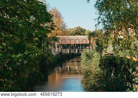 A Wooden Bridge In The Park With And Autumn Colors Of Bietigheim-bissingen, Germany. Europe. Autumn 