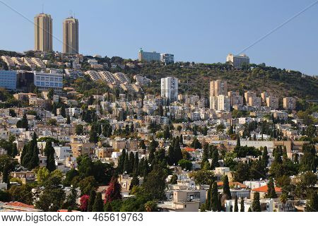 Haifa City Carmel Mountain In Israel. Cityscape Of Hadar Hacarmel District Of Haifa.