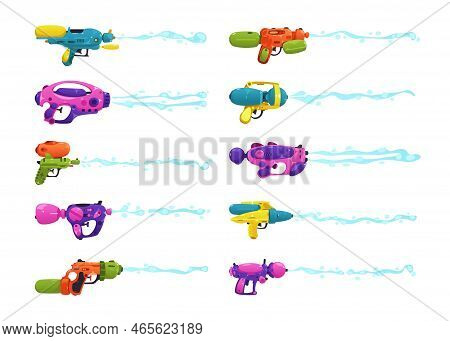 Water Gun Shot. Modern Plastic Toy Weapon With Wet Spray For Children Fight Games Cartoon Style, Fla