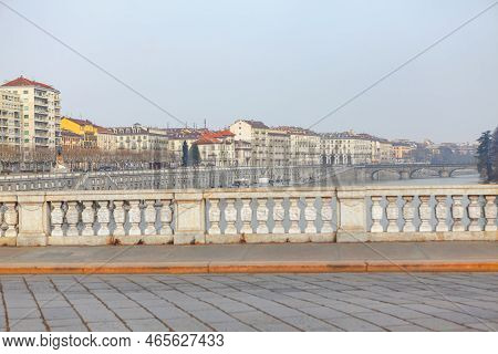 Turin City View From The Bridge . Bridge Over River Po In Torino Italy