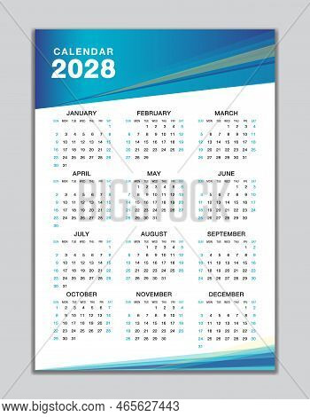 Wall Calendar 2028 Template, Desk Calendar 2028 Design, Week Start Sunday, Business Flyer, Set Of 12