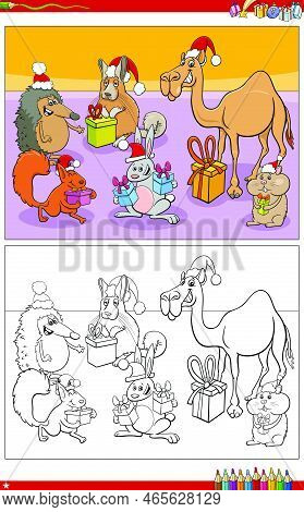 Cartoon Illustration Of Happy Animal Characters With Christmas Prezents Coloring Page