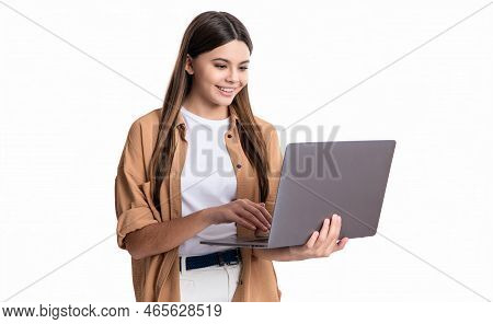 Happy Teen School Girl Has Education With Laptop Isolated On White Background. School Girl