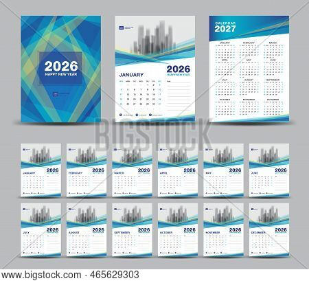 Calendar 2026 Template Set And 2027 Year Minimal Blue Background, Wall Calendar 2026, Desk Calendar 