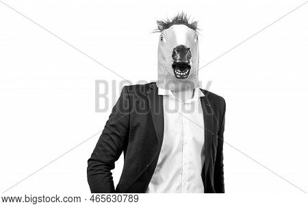 Professional Man Wear Horse Head And Business Suit Isolated On White, Workhorse