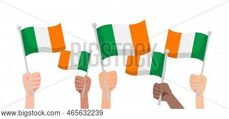 Hands With Ireland Flag Isolated On White Background. People Hold Ireland Flag.vector Stock