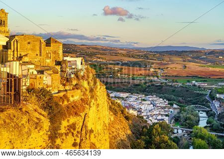 Panoramic Of Arcos De La Frontera, White Town Built On A Rock Along Guadalete River, In The Province