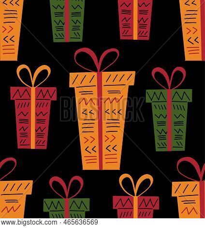 Kwanzaa Seamless Pattern Background In Simple Hand Drawn Style With Gift Boxes Decorated With Ribbon