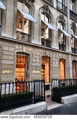 Paris, France - December 10, 2019: Gucci Fashion Store In Avenue Montaigne Paris, France. Avenue Mon