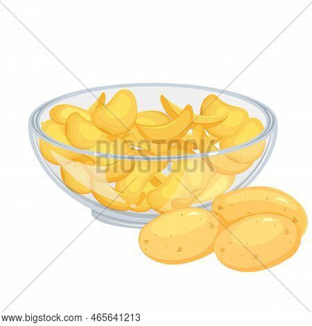 Potato Chips In Bowl With Raw Root Vegetables. Cooked Potatoes.