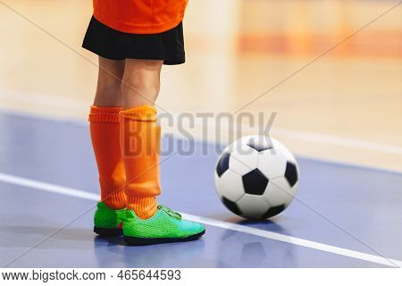 Football Futsal Player With Ball. Futsal Floor And  Players On Training. Sports Background. Indoor S