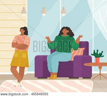 Parent Adolescent Conflict Concept In Flat Design. Mother Scolds Daughter Teeneger At Home. Problem 