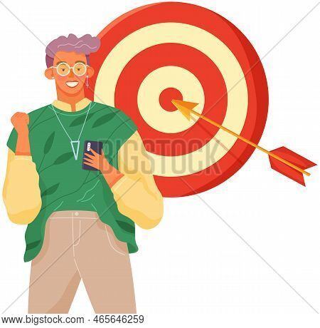 Woman With Smartphone Against Background Of Target. Female Character Using Mobile Device. Young Girl