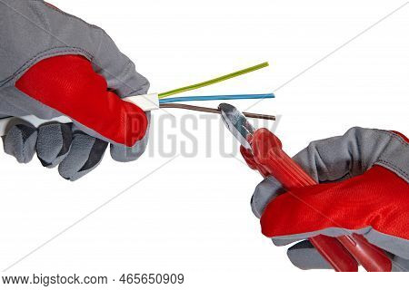 An Electrician Cuts A Three-core Copper Wire With Wire Cutters. Hands In Protective Gloves And Elect