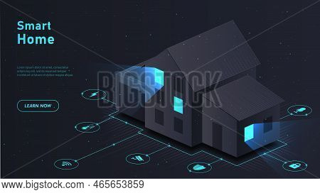 Smart Home Dark. Large Building With Modern Technology And Innovation. Advertising Poster Or Banner.