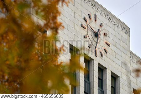 Vancouver City Hall Clock. The Clock On The Outside Of The Vancouver City Hall Building.