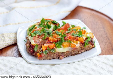 Tasty Homemade Low-carb Keto Meatza (grain And Gluten Free Beef Meat-based Pizza) Slice With Vegetab