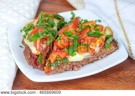 Tasty Homemade Low-carb Keto Meatza (grain And Gluten Free Beef Meat-based Pizza) Slice With Vegetab