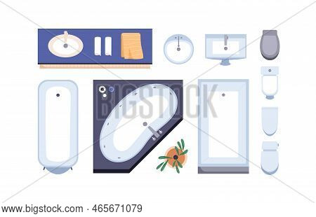 Bathroom Furniture Top View. Bathtub, Washbasin, Flush Toilet, Plant Overhead. Bath Tub Facilities, 