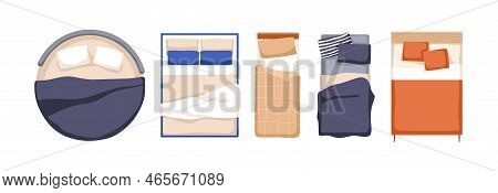 Single And Double Beds With Pillows, Blankets, Top View. Overhead Bedroom Furniture Of Different Des
