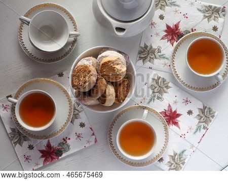Breakfast With Polvorones, Mantecados. Flat Lay On A White Background. Christmas Holidays Concept.