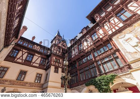 Sinaia - Romania. July 15, 2022: Richly Decorated Peles Castle (castelul Peles) Courtyard, Bramantes