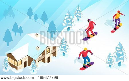 Isometric Ski Resort Concept With Snowborders On A Snowy Hill And Alpine House On Background Vector 