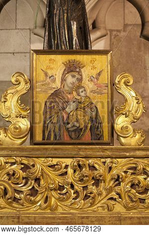 Leon, Spain - June 25th, 2019: Perpetuo Socorro Lady Painting. Leon Cathedral, Spain