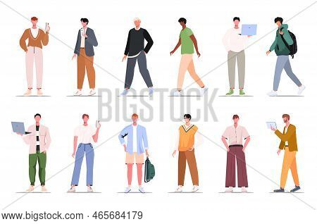 Group Of Fashion Men In Modern Trendy Outfits. Set Young People Wearing Stylish Casual Clothes.