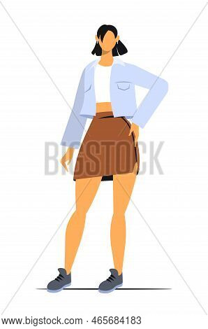 Beautiful Young Asian In Modern Youth Clothes Woman  Stands In Full Height Isolated On White Backgro