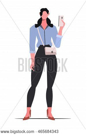 Beautiful Young Girl Business Advisor Or Manager In Formal Clothes  With A Phone In His Hand. Flat V