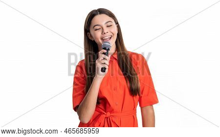 Happy Teen Girl Singer With Singing Microphone. Photo Of Singer Teen Girl Hold Microphone.