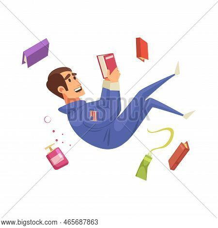 Excited Astronaut Reading Book In Weightlessness Of Space Flat Vector Illustration