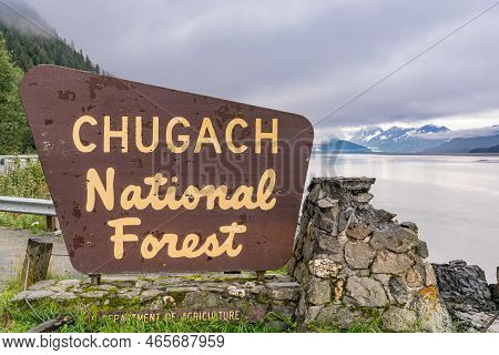 Seward, Ak - September 3, 2022: Chugach National Forest Road Sign Along The Highway Near Seward Alas