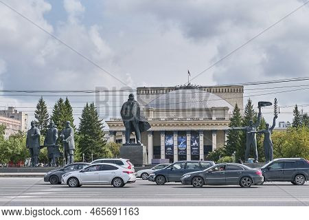 Novosibirsk, Russia - August 20, 2022: Lenin Square, Monument . Novosibirsk State Academic Theater O