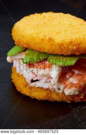 Pan-asian Cuisine Concept. Japanese Sushi Burger Made From Rice Bread, Crab Meat, Avokado And Wasabi