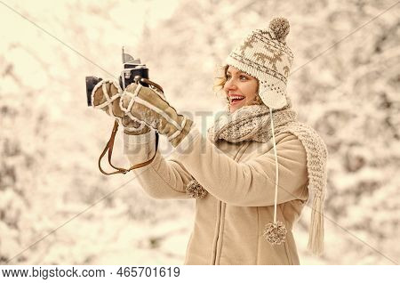 Holidays Concept. Capturing Winter. Take Stunning Winter Photos. Winter Hobby. Woman Photographer. I