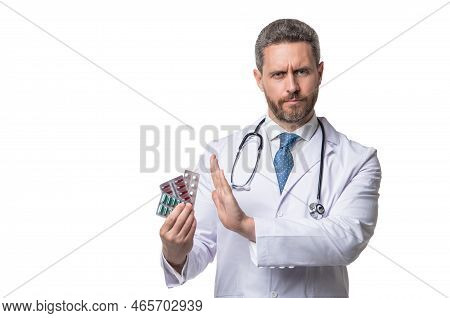 Contraindication To Pills. Man With Contraindication Gesture.