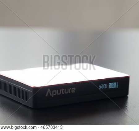 Led Aputure Mc Lit On Top Of A Black Table. Brightness Of Light. Led Concept. Lighting Concept.