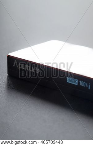 Led Aputure Mc Lit On Top Of A Black Table. Brightness Of Light. Led Concept. Lighting Concept.