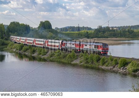 Helyulya, Russia - June 11, 2022: Double-decker Train 